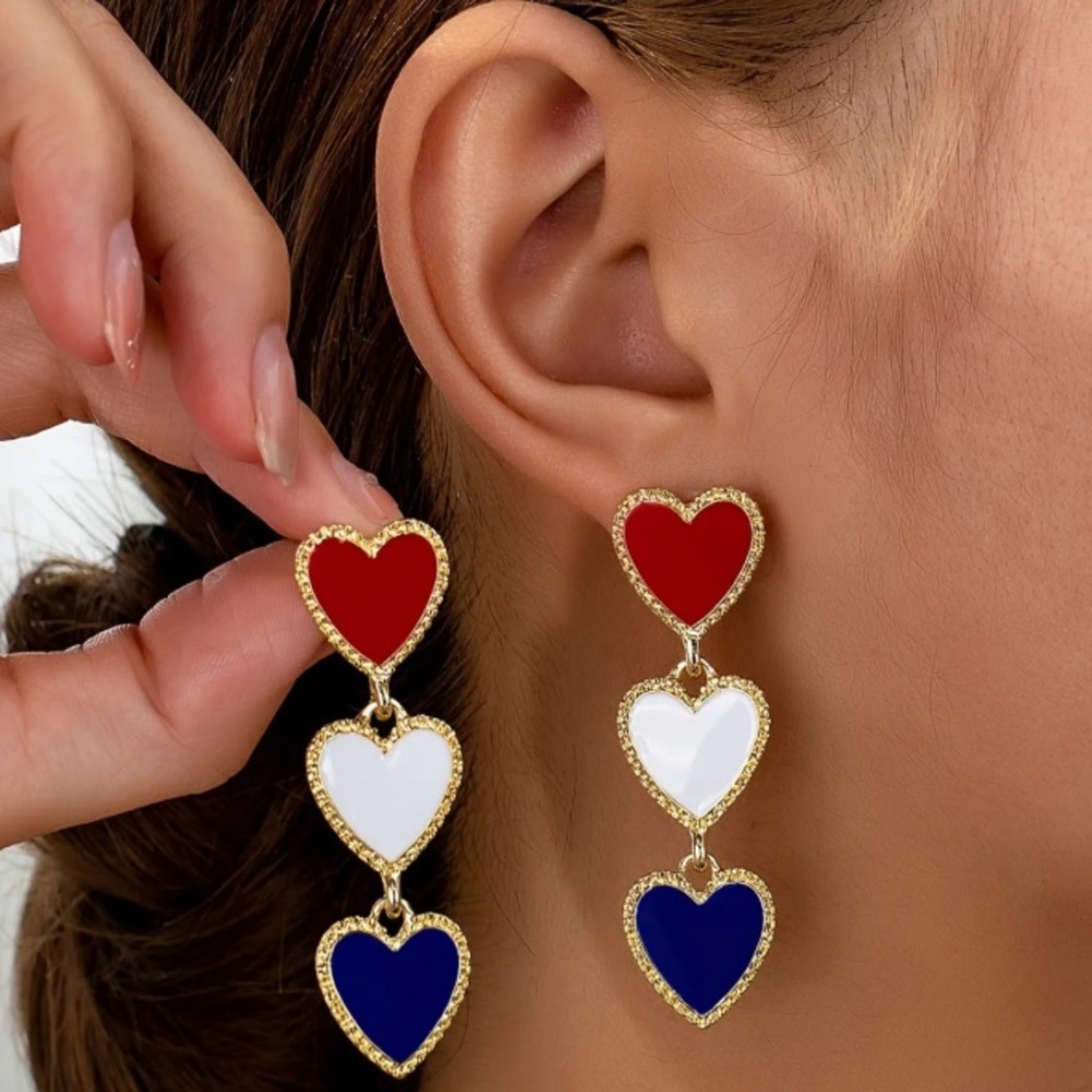 Red White & Blue Heart Patriotic Gold Toned Stud Earrings - Picture 2 of 4